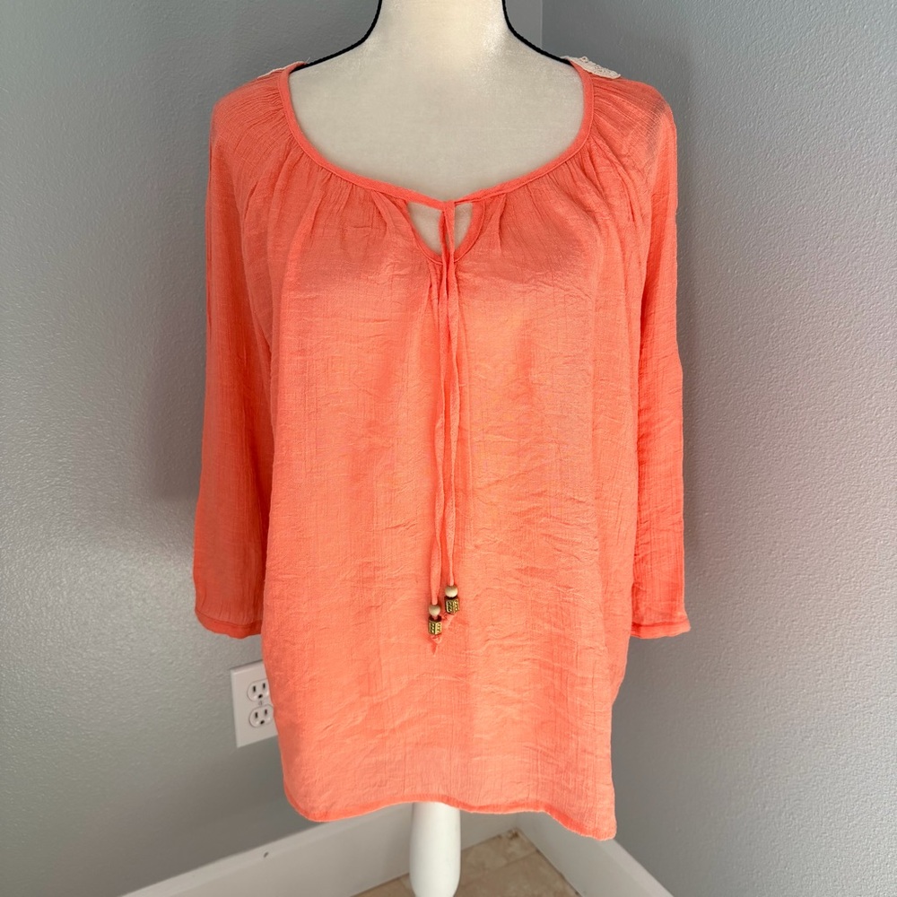 Maurice’s XXL Coral/Pink Boho Crinkle Blouse Crochet Back Peasant Top 3/4 Sleeve